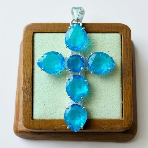 Unique Swiss Blue Topaz Cross Large Pendant Necklace Faceted Teardrop Boho New - Picture 1 of 6